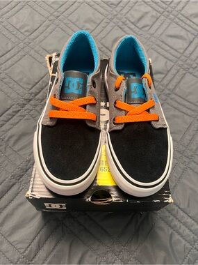 DC Kids Black & Gray Skate Sneakers with Orange Laces and Blue Accents